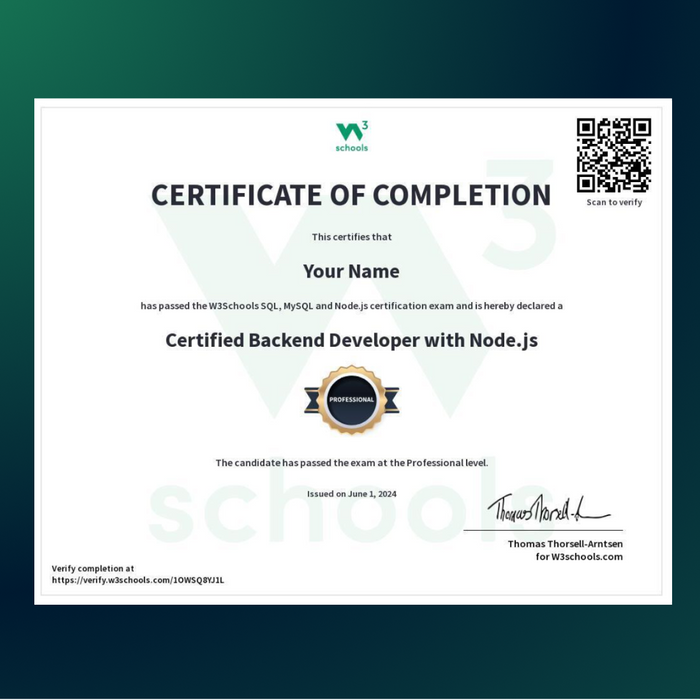 Back End Development with Node.js Certification — W3Schools.com