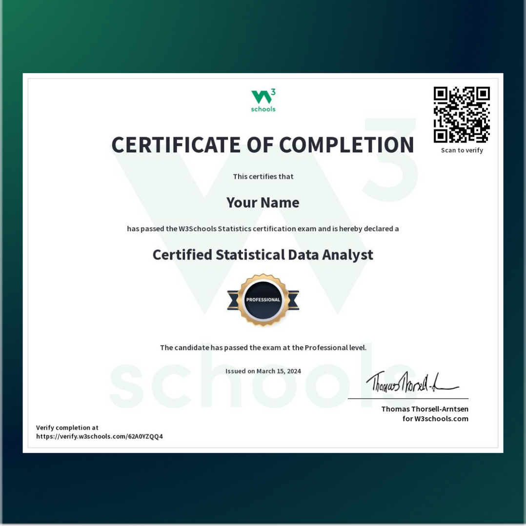 Statistics Certificate Exam | W3Schools — W3Schools.com