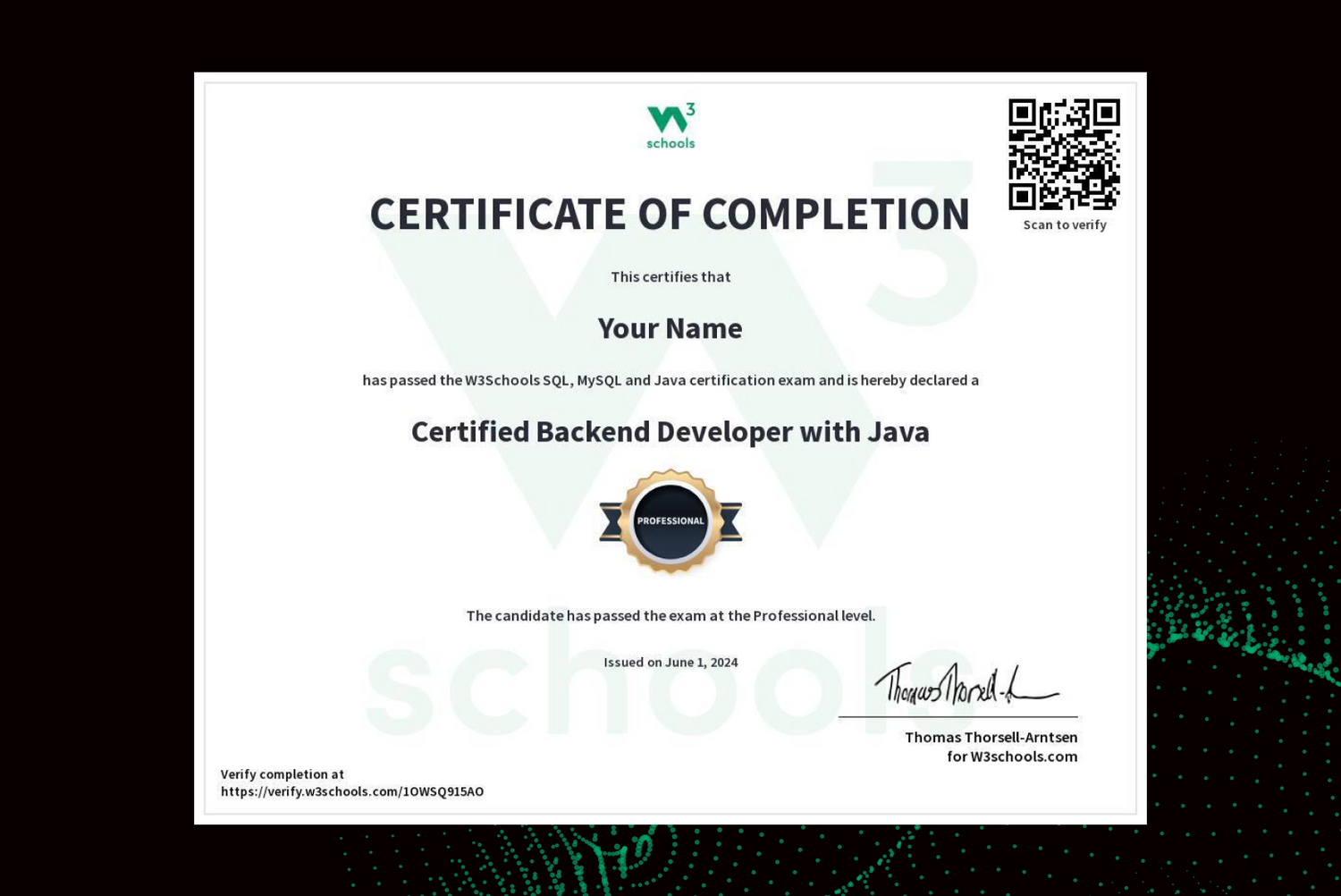 Back End Development With Java Certification — W3Schools.com