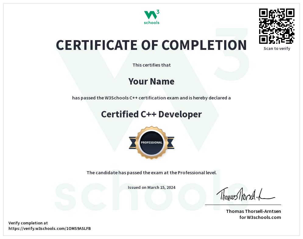 C++ Certificate Exam | W3Schools — W3Schools.com