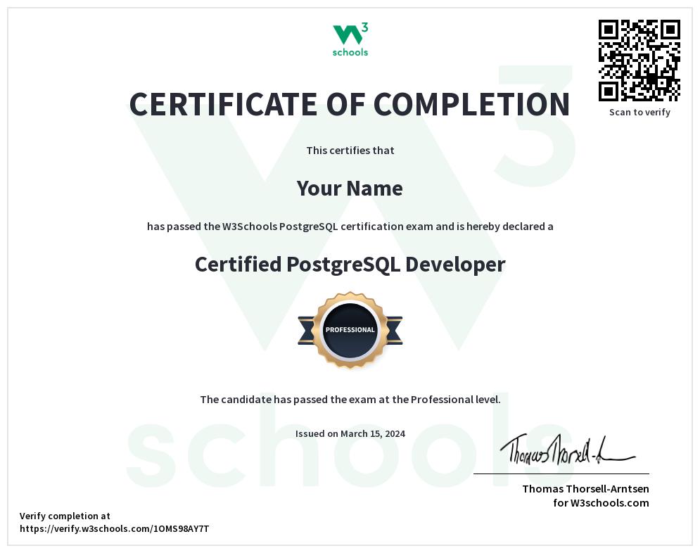 PostgreSQL Certificate Exam | W3Schools — W3Schools.com